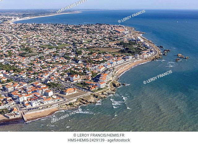 France, Vendee, Saint Hilaire de Riez, Sion sur l'Ocean and the Corniche Vendeenne (aerial view)