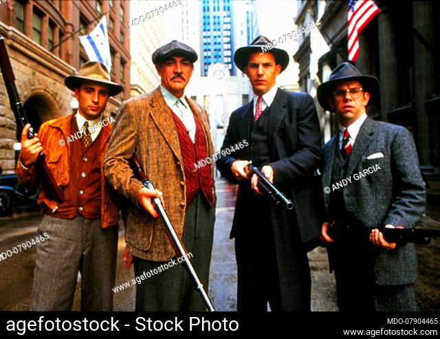 British actor and film producer Sean Connery and american actors Andy Garcia, Kevin Costner and Charles Martin Smith in The Untouchables (1987)