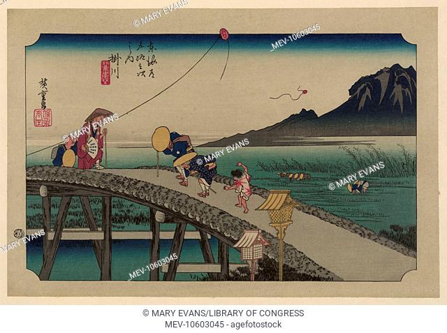 Kakegawa. Print shows elderly people walking across the bridge at the Kakegawa station on the Tokaido Road. Date between 1833 and 1836, printed later
