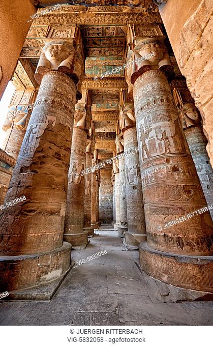 EGYPT, QENA, 07.11.2016, columns of Hathor temple in ptolemaic Dendera Temple complex, Qena, Egypt, Africa - Qena, Egypt, 07/11/2016