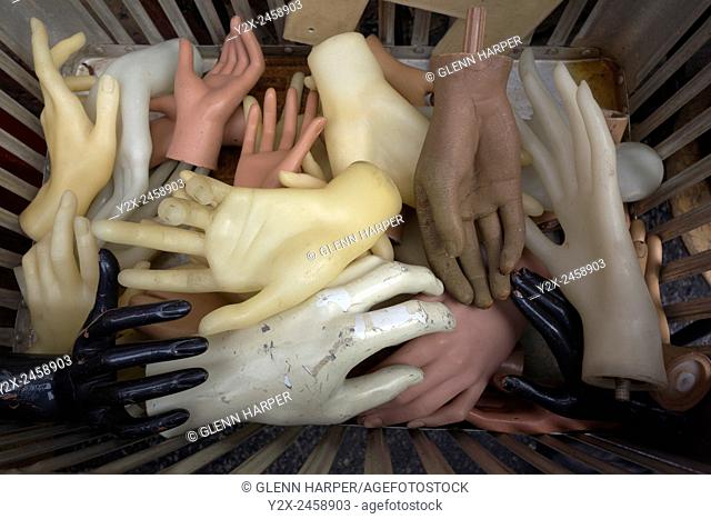 Bucket full of mannequin hands, Paris, France