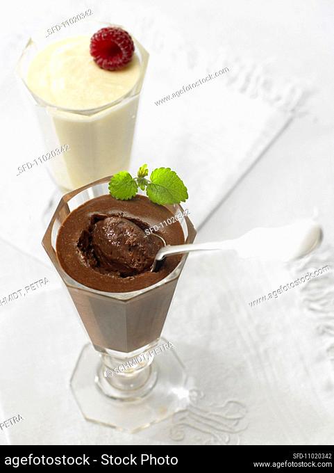 Chocolate mousse in a parfait glass with a spoon