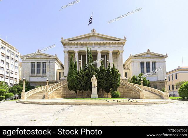 Facade of the National Library of Greece and Andreas Vallianos statue, Athens, Greece