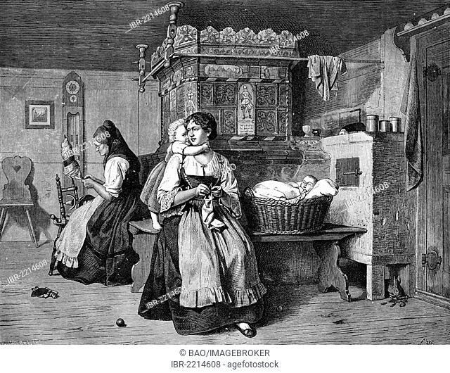 Sunday afternoon in the parlour in Flanders, Belgium, historical woodcut, circa 1888