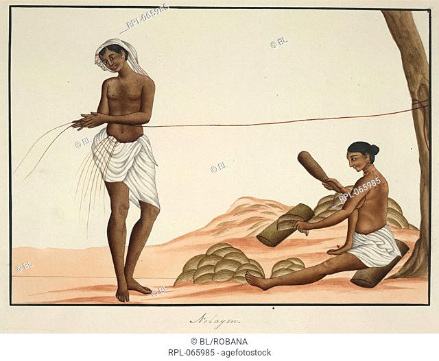Coir yarn-makers, the man making coconut-fibre string, the woman beating coconut fibre. Watercolour. A later version of Add.Or.1339
