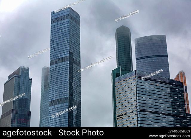 Moscow, Russia - May 8, 2021 : Glass skyscraper of the Moscow City business center in cloudy weather