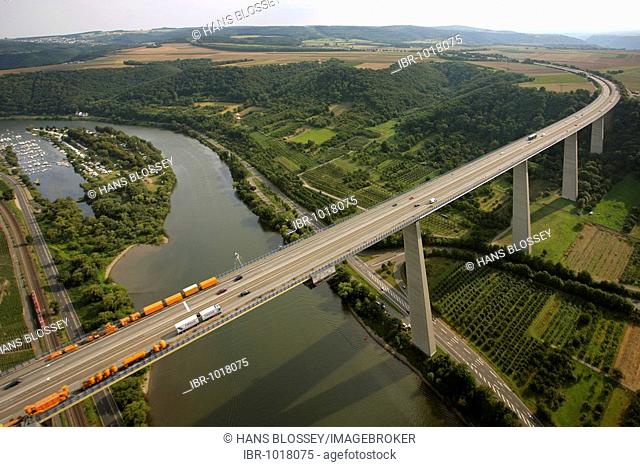 Aerial view, Moseltalbruecke, Moselvalley bridge, motorway bridge, motorway A61, Winningen, Koblenz, Rhineland-Palatinate, Germany, Europe