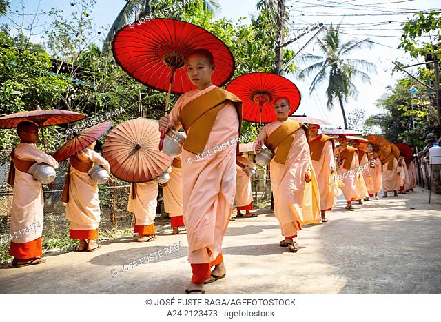 Myanmar , near Yangon Kyauktan City, Nuns paradeing