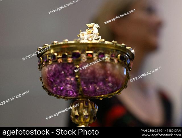 22 June 2023, Saxony, Dresden: A lidded bowl with a rider as a crowning figure from the second half of the 16th century is on display in the exhibition ""