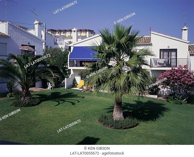 Holiday apartments. Two storey. White painted. Palm trees. Bougainvillea