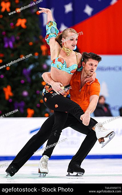 RUSSIA, CHELYABINSK - DECEMBER 21, 2023: Ice dancers Alexandra Stepanova and Ivan Bukin perform their rhythm dance during the ice dance event of the 2024...