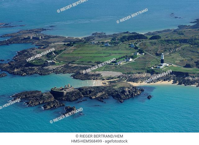 United Kingdom, Channel islands, Alderney, fort Houmet Herbe in the back, fort Quesnard, ruins of fort Les Homeaux Florains and Mannez lighthouse aerial view