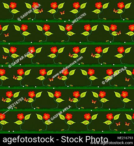 Pattern of plants, flowers and butterflies