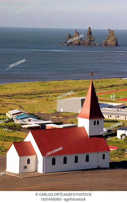 Church near the sea in the village of Vik, south Iceland