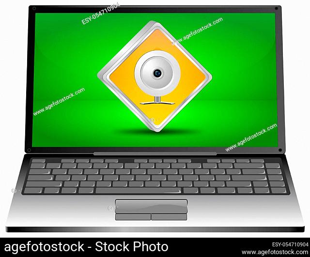 Laptop Computer with orange Webcam Button on green desktop - 3D illustration