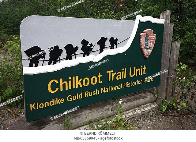USA, Alaska, Dyea, forest, sign, starting point, Chilkoot Trail, gold-digger-path, North America, southeast-Alaska, Inside passage, southeast, Panhandle