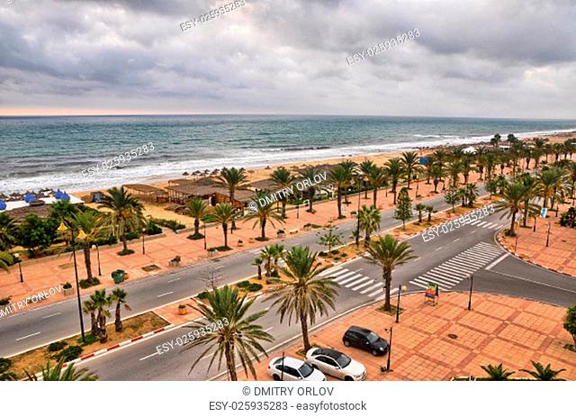Beach alley with Date Palms in Hammamet on cloudy day, Tunisia, Mediterranean Sea, Africa, HDR