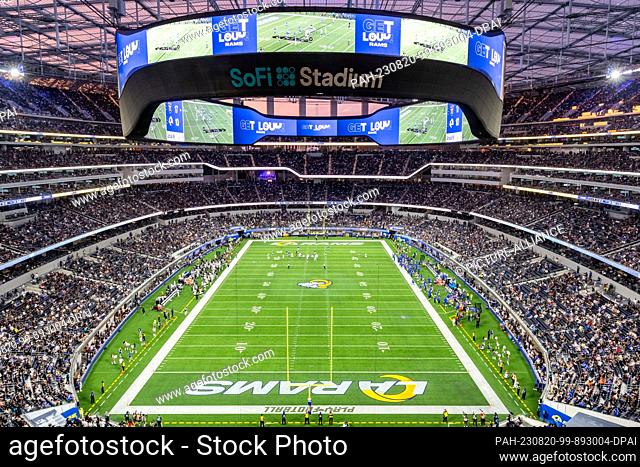 19 August 2023, USA, Los Angeles: NFL, preseason game, Los Angeles Rams vs. Las Vegas Raiders: View of SoFi Stadium at sunset