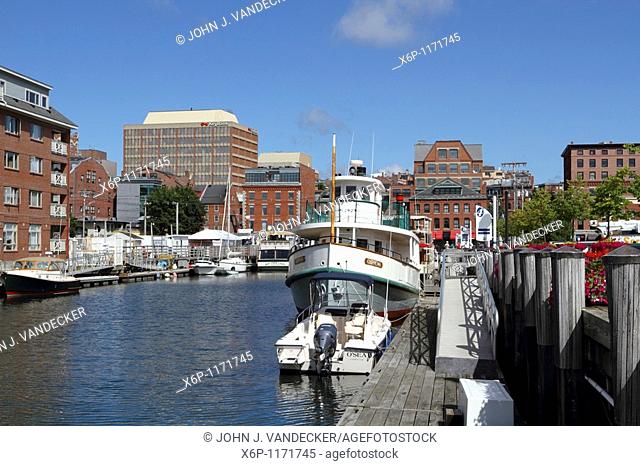 View of Long Wharf Pier and Portland , Maine, USA waterfront  Long Wharf Pier is the departure point for several scenic cruises of Casco Bay
