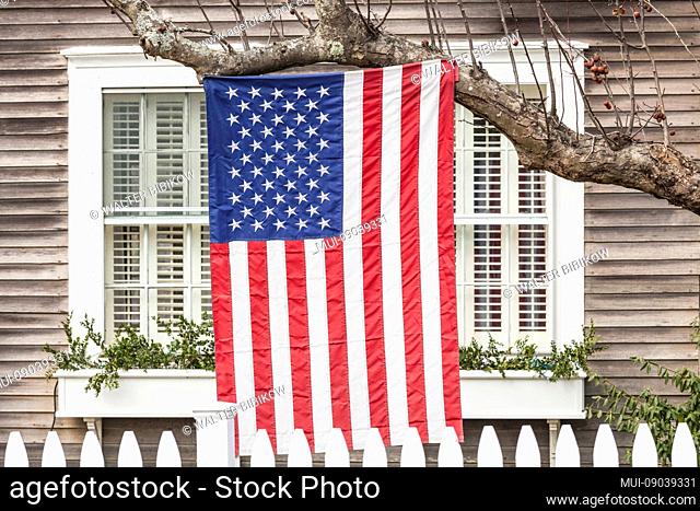 USA, New England, Massachusetts, Cape Cod, Brewster, US flag