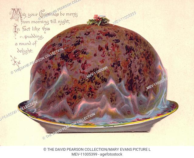 Pudding in flames on a Christmas card