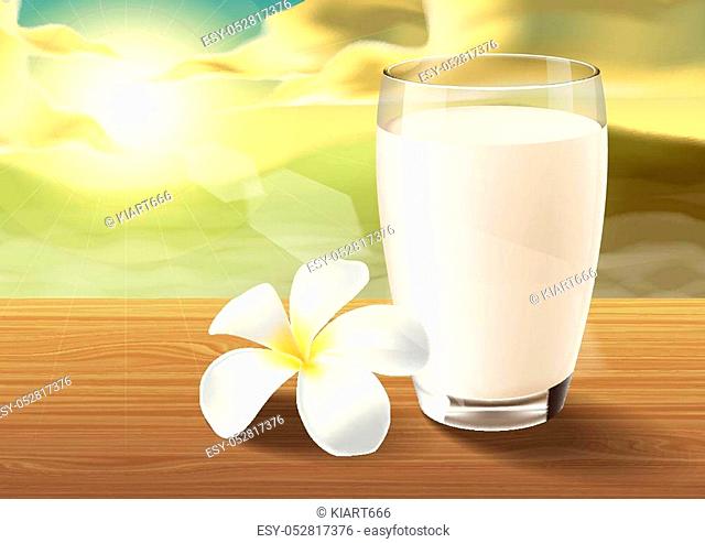 milk and plumeria on wooden table on the morning