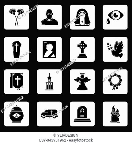 Funeral ritual service icons set. Simple illustration of 16 funeral ritual service icons for web
