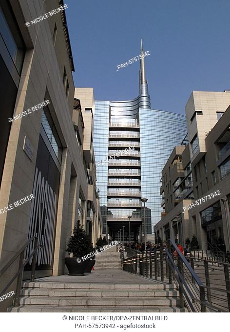 Unicredit Tower (Torre Unicredit)in between of the Residenze di Corso Como in the new building complex Porta Nuova in Milan, Italy, 14 March 2015