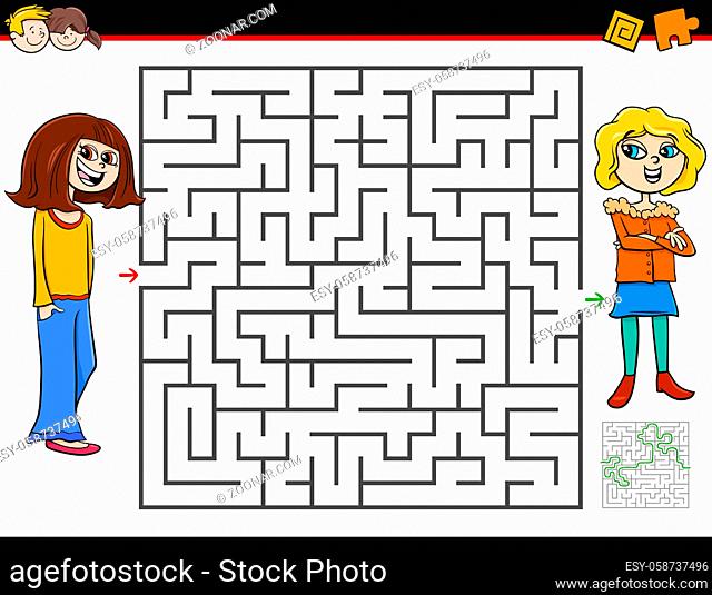 Cartoon Illustration of Education Maze or Labyrinth Activity Game for Children with Girl and Her Best Friend