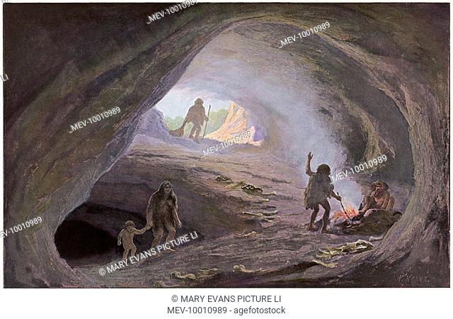 Cave dwellers of the Ice Age (Pleistocene era), bringing home the day's catch and joining the rest of the family around the fire