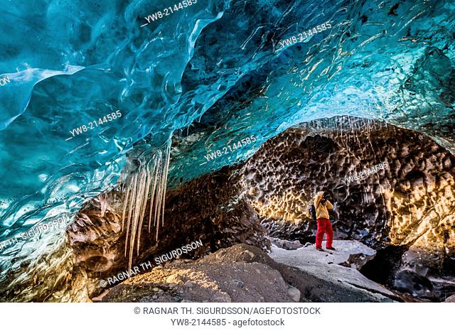 Exploring an Ice Cave on Svinafellsjokull Glacier in Skaftafell National Park, Iceland