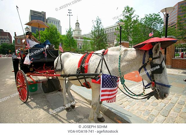 Patriotic horse and carriage with flags in front of Independence Hall, Philadelphia, Pennsylvania