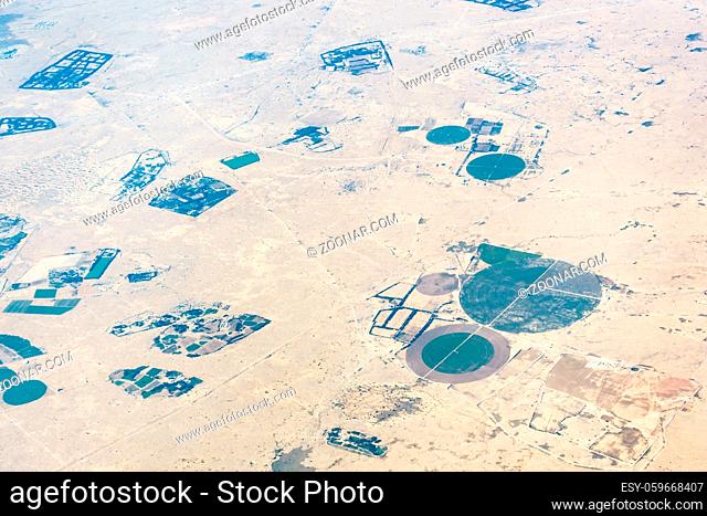 Aerial view of circular fields in the desert in Qatar