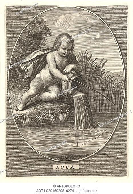Element water as a child with fishing rod leaning on jar where water flows at shoreline in oval, Cornelis van Dalen II, Abraham van Diepenbeeck