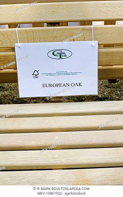 Garden bench with FSC logo made of European oak. Royal Show 2006, UK