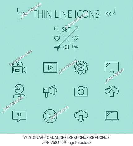 Technology thin line icon set for web and mobile. Set includes - laptop, monitor, video camera, megaphone, web camera, gear, camera, clouds up and down
