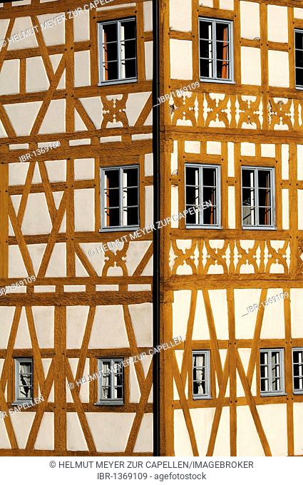 Franconian half-timbere on the old town hall, mid-15th century, Obere Bruecke bridge 1, Bamberg, Upper Franconia, Bavaria, Germany, Europe