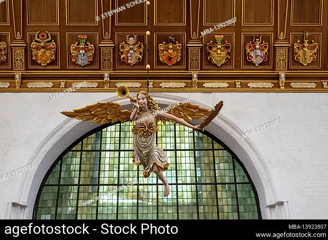 Germany, Mecklenburg-Western Pomerania, Stralsund, angel with trumpet in the Marienkirche of the Hanseatic city of Stralsund, Baltic Sea