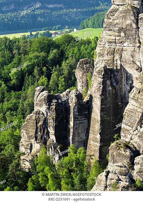 Elbe Sandstone Mountains (Elbsandsteingebirge) in the National Park Saxon Switzerland (Saechsische Schweiz). The rock formations called Grosse Gans (Great...