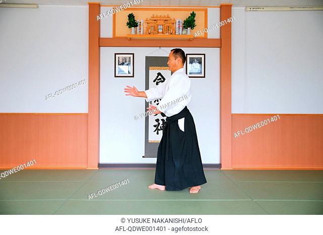 Japanese Aikido master practicing
