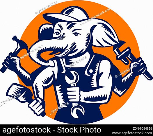 Illustration of an elephant builder plumber mechanic repairman with 4 hands holding hammer wrench spanner and brush set inside circle done in retro woodcut...