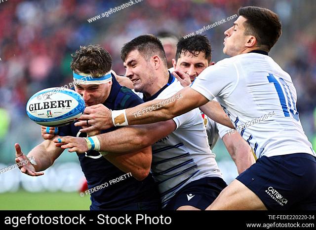 Players Jamie Ritchie (LS), Giosue' Zilocchi (C) and Tommaso Allan (R) during the match Italy v Scotland, Rome, ITALY-22-02-2020