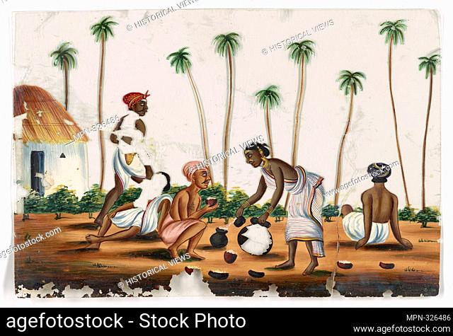 3 toddy gatherers(?) and 1 woman drinking and resting in front of a small building. Indian colored drawings: a collection of 177 original paintings on ""talc