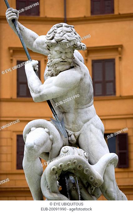 The central figure of the sea god Neptune fighting an octopus on the Fontana di Nettuno or Neptune Fountain in the Piazza Navona