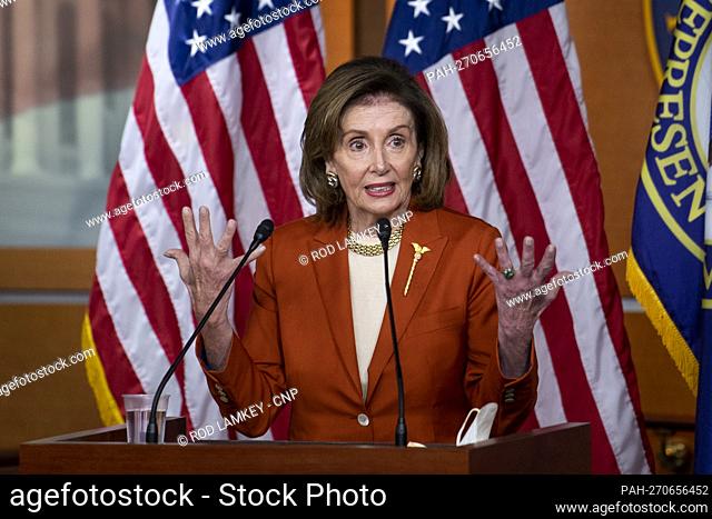 Speaker of the United States House of Representatives Nancy Pelosi (Democrat of California) offers remarks during her weekly press conference at the US Capitol...