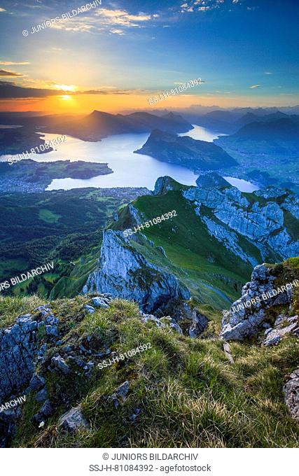 Lake Lucerne with mountain Rigi in background at sunrise. Switzerland (seen from the mountain Pilatus)