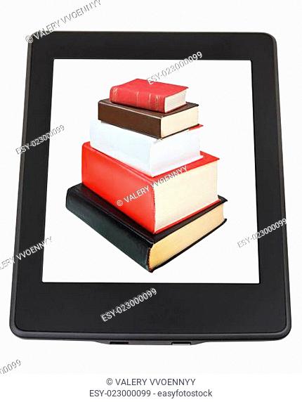 stack of books on screen of e-book reader
