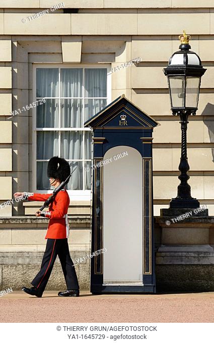 Guard walking front of Buckingham palace, London, UK