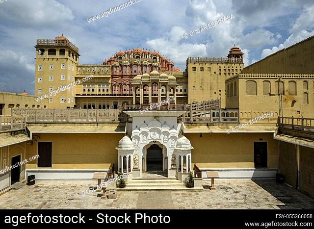 Jaipur, India - August 2020: View of the Hawa Mahal, the most characteristic monument in Jaipur on August 27, 2020 in Rajasthan, India