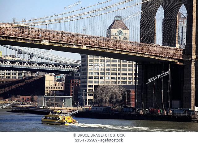 A East River water taix under Brooklyn Bridge with Manhattan Bridge in the background  New York City  New York  USA